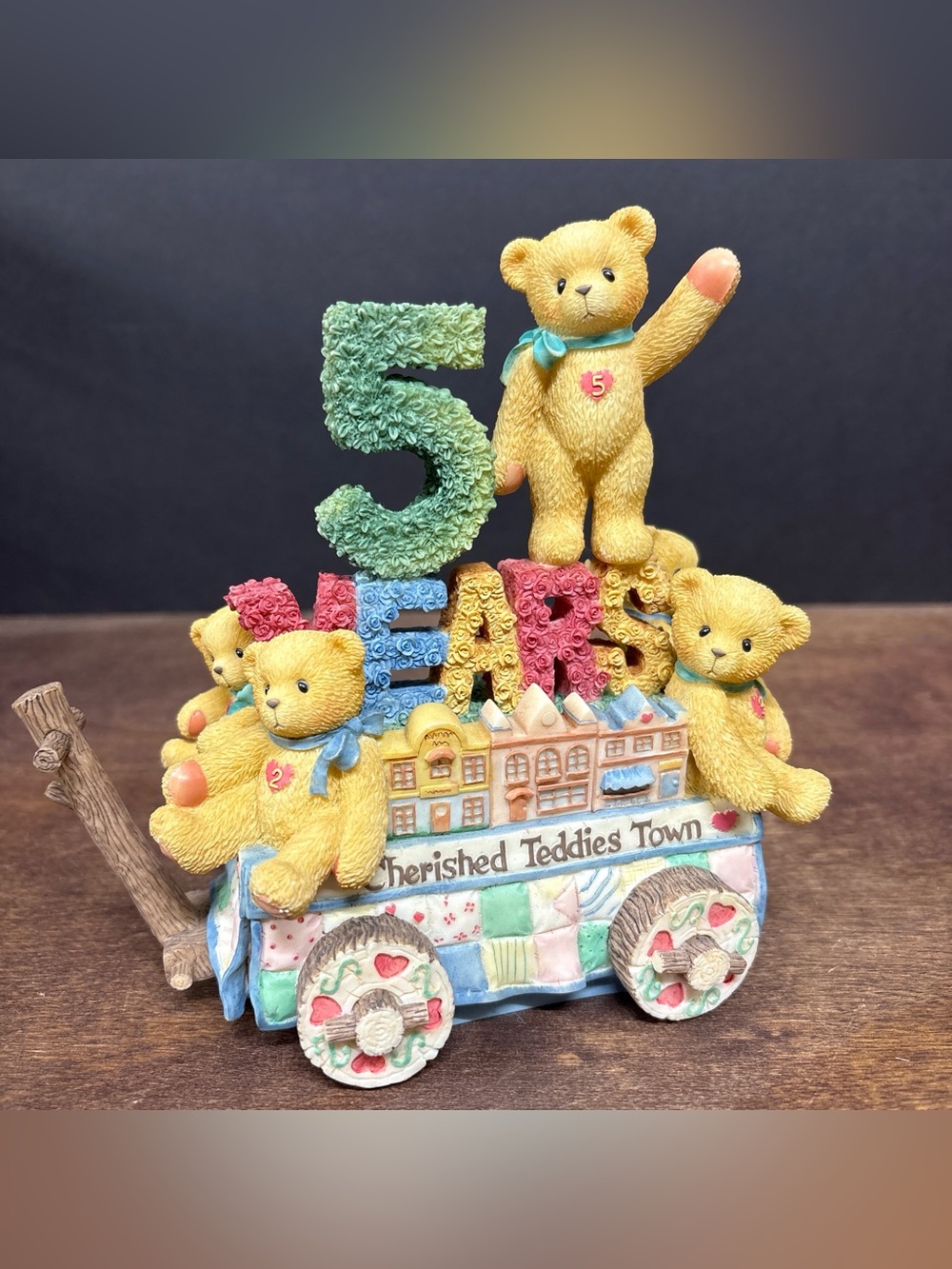 Cherished Teddies Yellow Birthday Bear Display with Colorful Accents